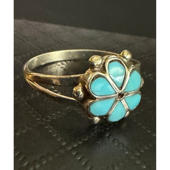 925 Sterling Silver Jewelry - Vintage Sterling Silver Turquoise Ring Southwest Inlay Split Shank Size 9
